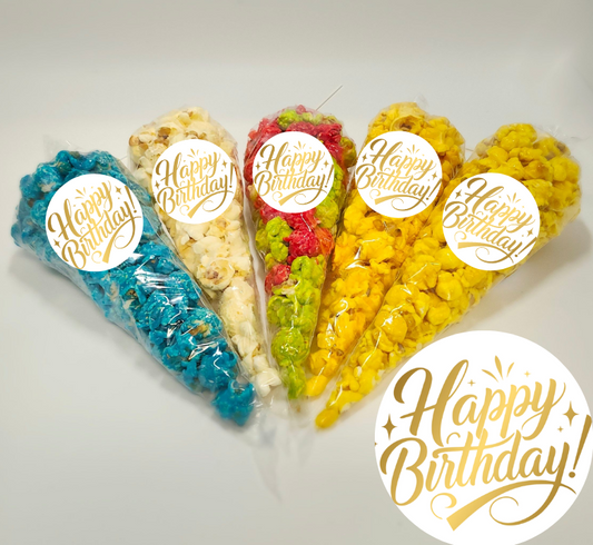 Birthday Cones - Sweet / Savory Popcorn and Label