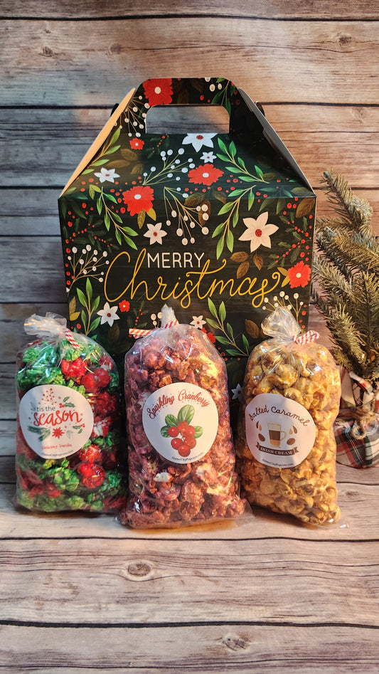 Holiday Gable Box - Includes 3 mini bags of gourmet popcorn of your choice.