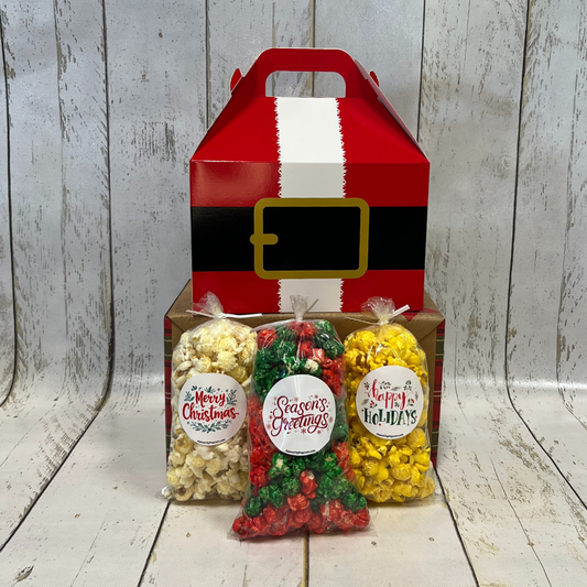 Holiday Gable Box - Includes 3 mini bags of gourmet popcorn of your choice.